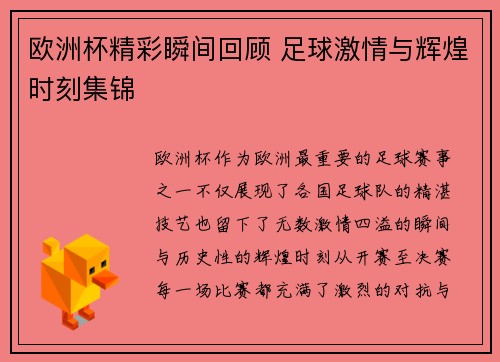 欧洲杯精彩瞬间回顾 足球激情与辉煌时刻集锦