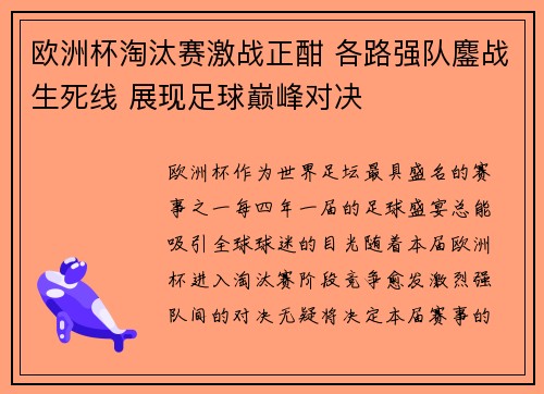 欧洲杯淘汰赛激战正酣 各路强队鏖战生死线 展现足球巅峰对决