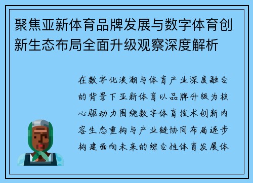 聚焦亚新体育品牌发展与数字体育创新生态布局全面升级观察深度解析