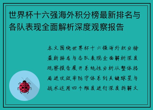 世界杯十六强海外积分榜最新排名与各队表现全面解析深度观察报告